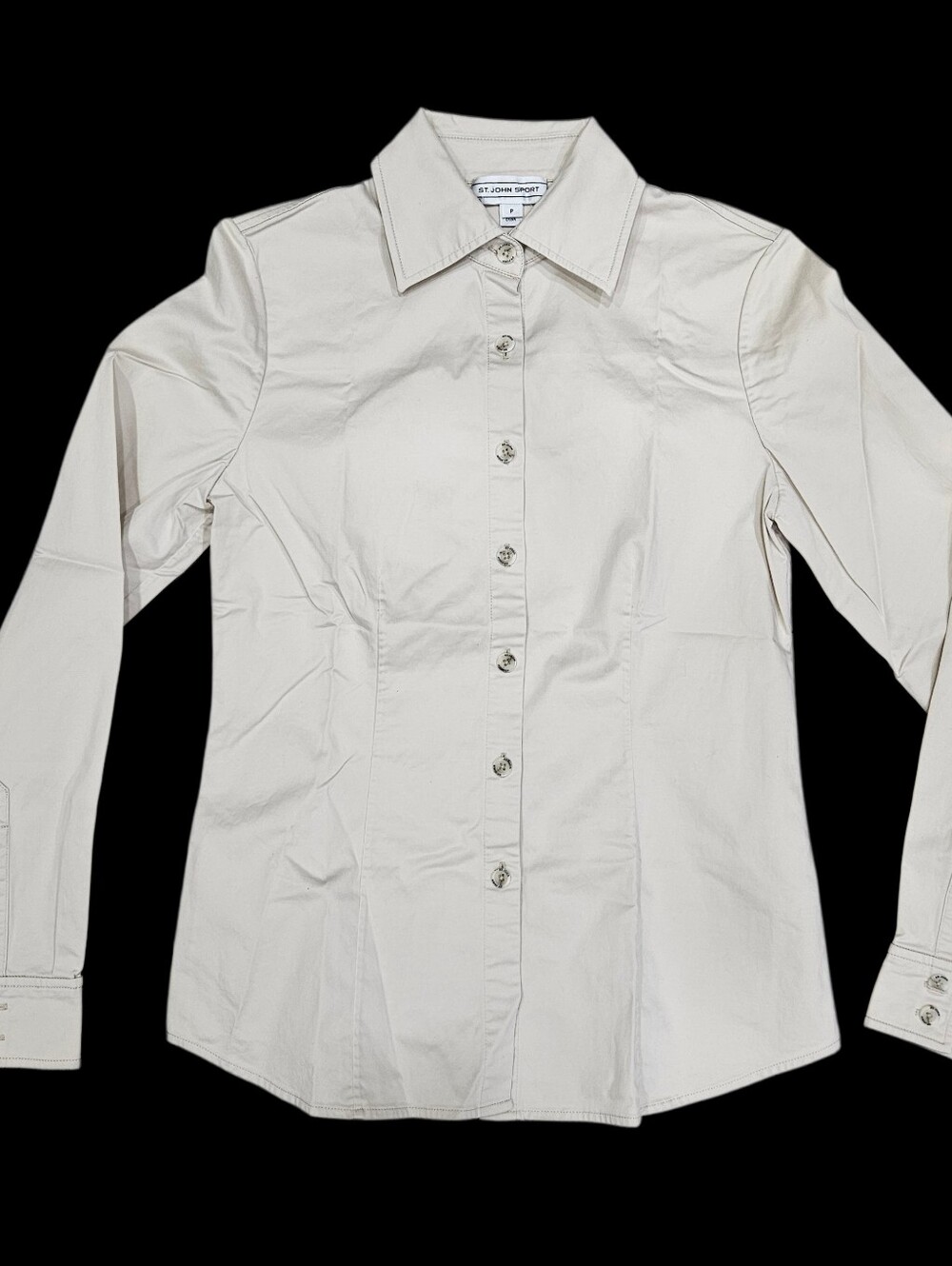 St. John Sport Beige Ecru Button Down Shirt Cotton Chintz Stretch Sz P 34 Bust